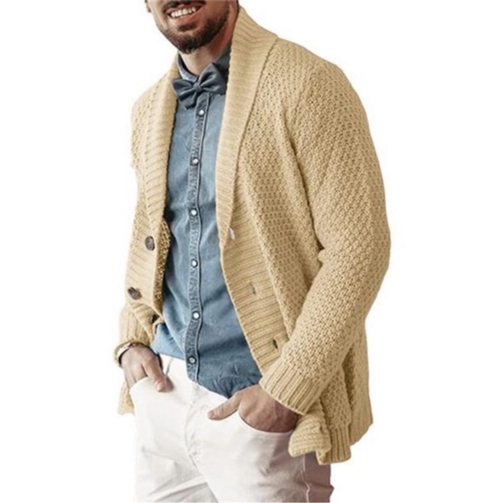 New Men's Hand Knitted Cardigan Sweater Button Khaki New